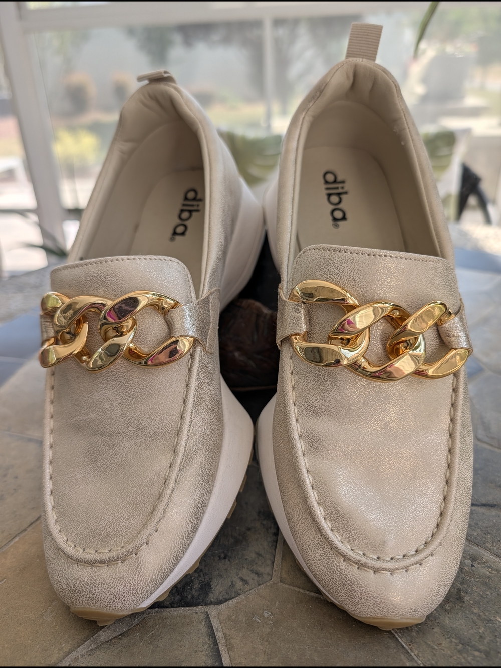 Diba Metallic Champagne Slip-On Loafer with Gold Chain-NWOT